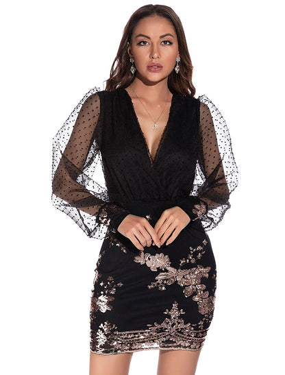 Sheath / Column Sexy bodycon Holiday Party Wear Dress V Neck Long Sleeve Short / Mini Spandex with Sequin Polka Dot / Illusion Sleeve