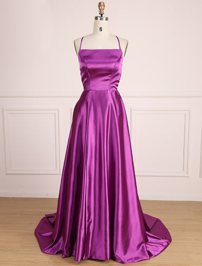 A-Line Prom Dresses Minimalist Dress Party Wear Prom Sweep / Brush Train Sleeveless Spaghetti Strap Satin with Pleats Slit