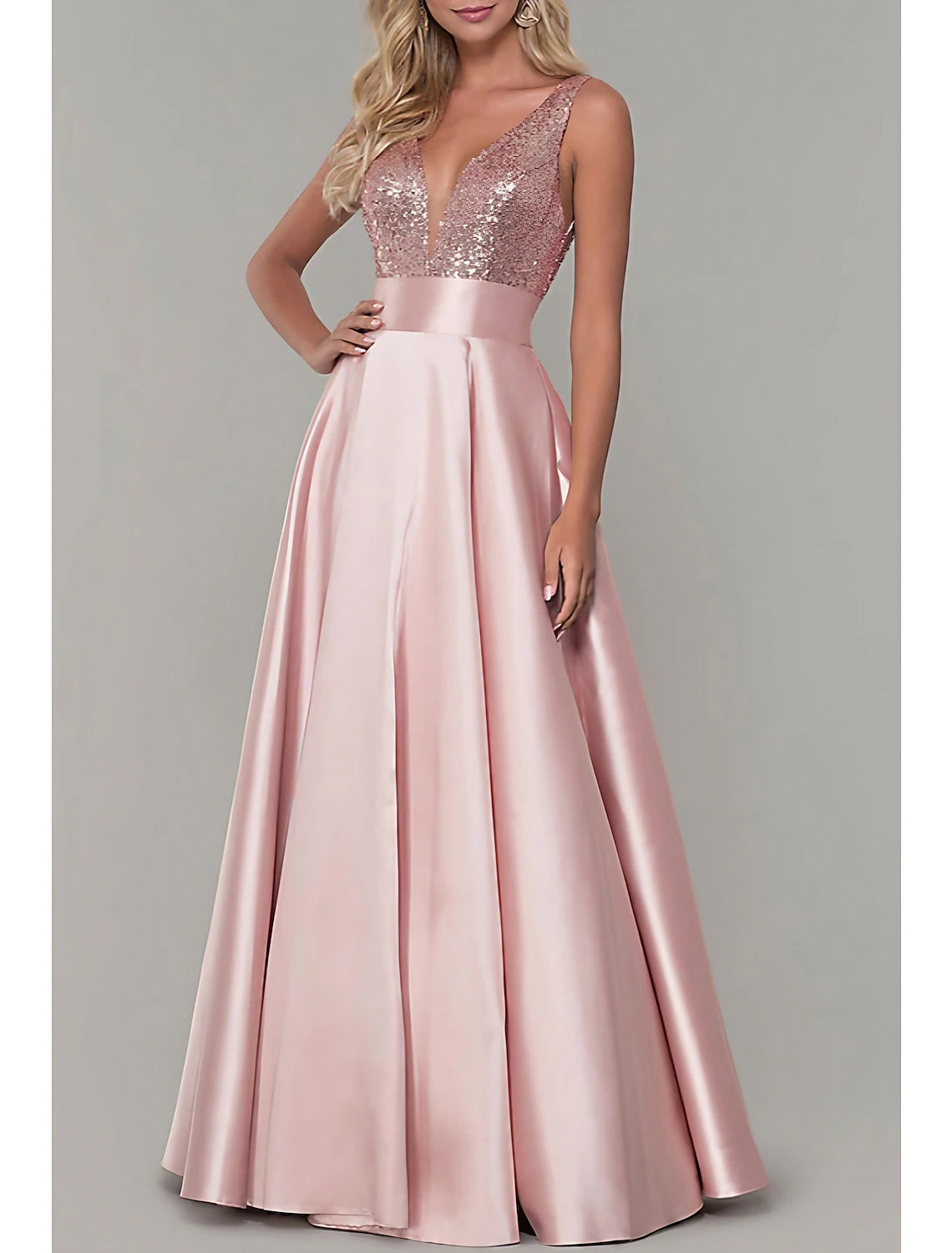 A-Line Prom Dresses Sparkle Dress Prom Formal Evening Floor Length Sleeveless V Neck Bridesmaid Dress Satin with Pleats Sequin