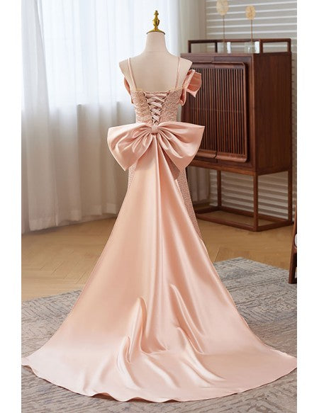 Gorgeous Mermaid Pink Long Prom Dress with Big Bow In Back