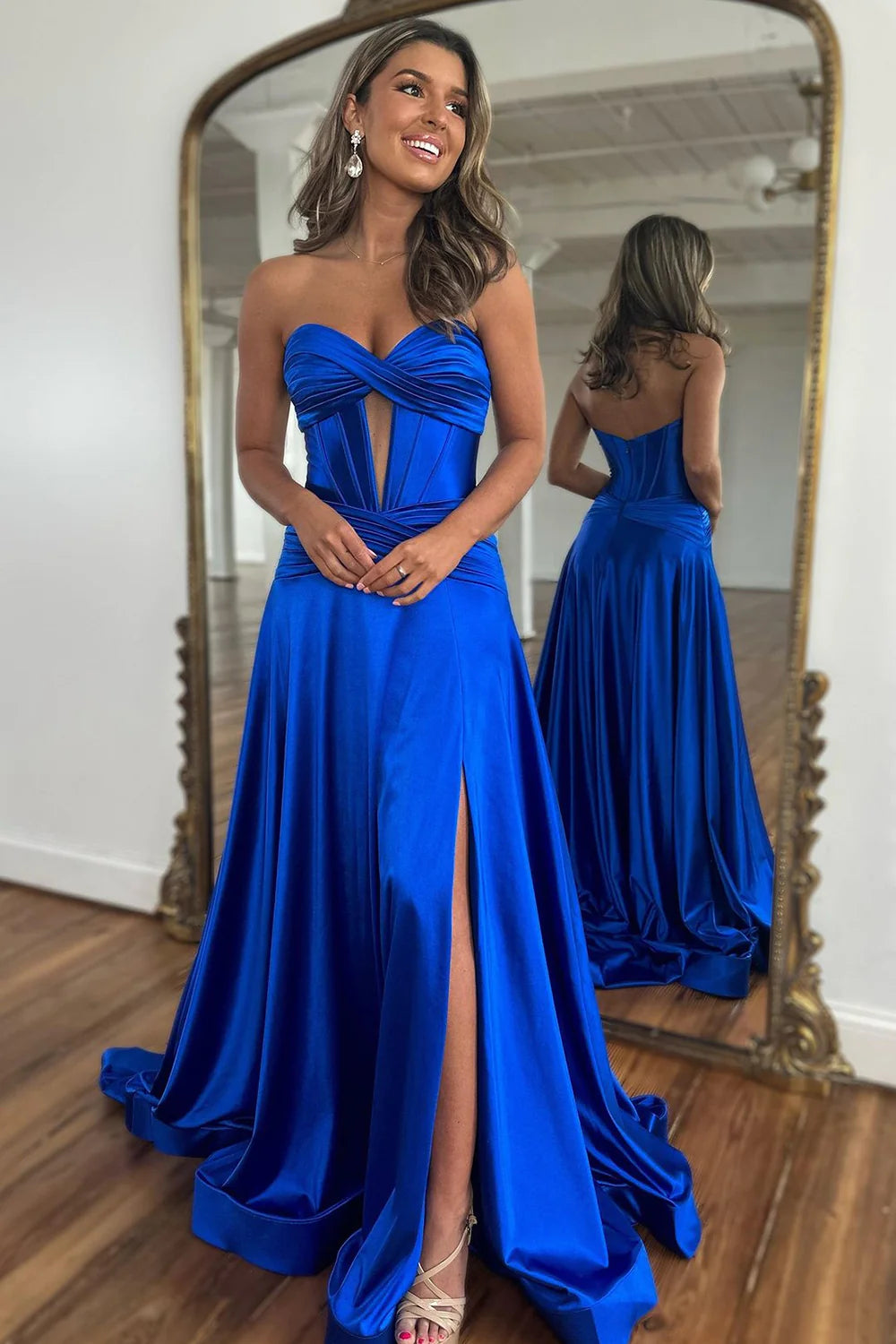 Satin A-Line Strapless Long Prom Dress With Split