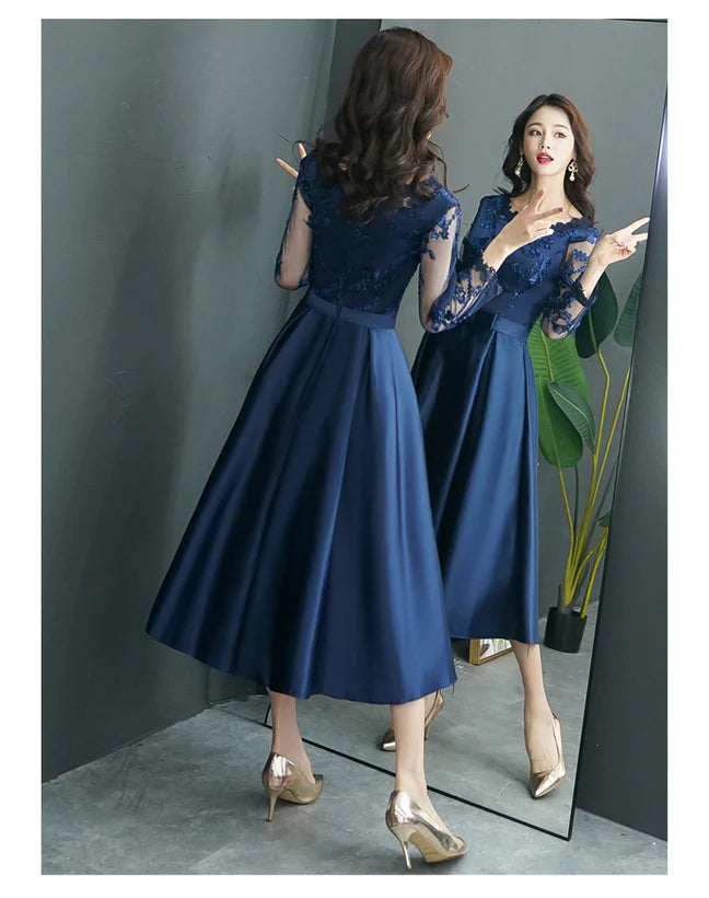 Satin Tea Length with Lace Long Sleeves Bridesmaid Dress, Blue Short Party Dress