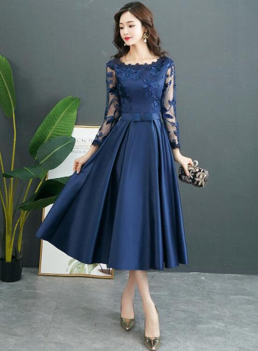 Satin Tea Length with Lace Long Sleeves Bridesmaid Dress, Blue Short Party Dress