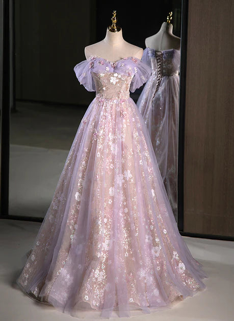 A-line Tulle with Floral Long Prom Dress