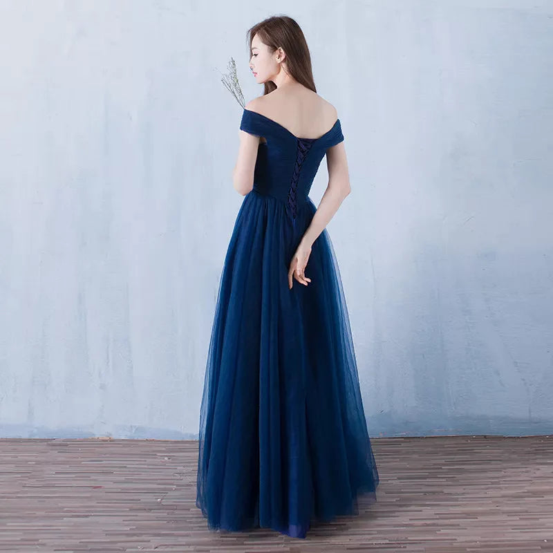 Lovely Navy Blue Tulle Off Shoulder Long Prom Dress , Tulle Bridesmaid Dresses