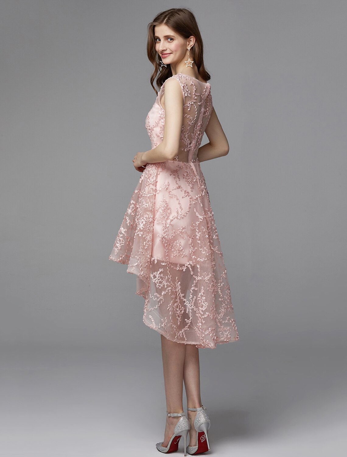 A-Line Hot Dress Wedding Guest Cocktail Party Asymmetrical Sleeveless Illusion Neck Tulle with Appliques