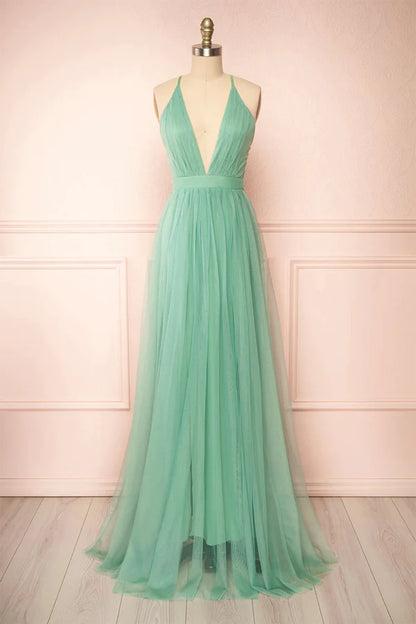 Sage Green V-Neck Tulle Long Prom Dress Simple Backless Evening Dress