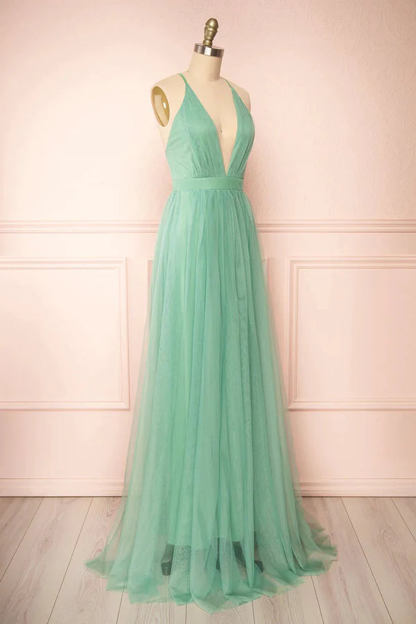 Sage Green V-Neck Tulle Long Prom Dress Simple Backless Evening Dress