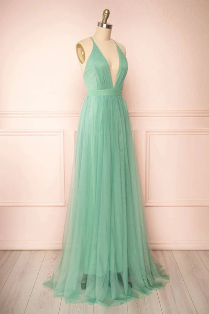 Sage Green V-Neck Tulle Long Prom Dress Simple Backless Evening Dress