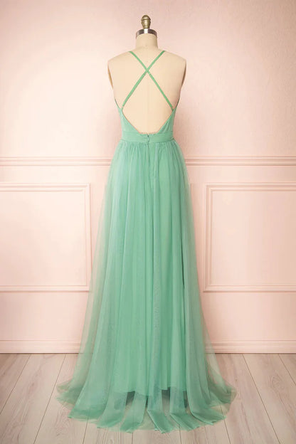 Sage Green V-Neck Tulle Long Prom Dress Simple Backless Evening Dress