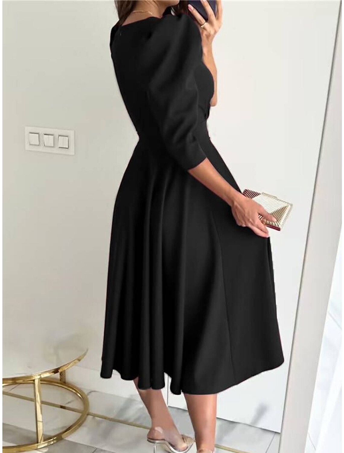 Women's Black Dress Party Dress New Year's Eve Dress Cocktail Dress Midi Dress Black Red Long Sleeve Plain Ruched Spring Fall Winter V Neck Party Winter Dress