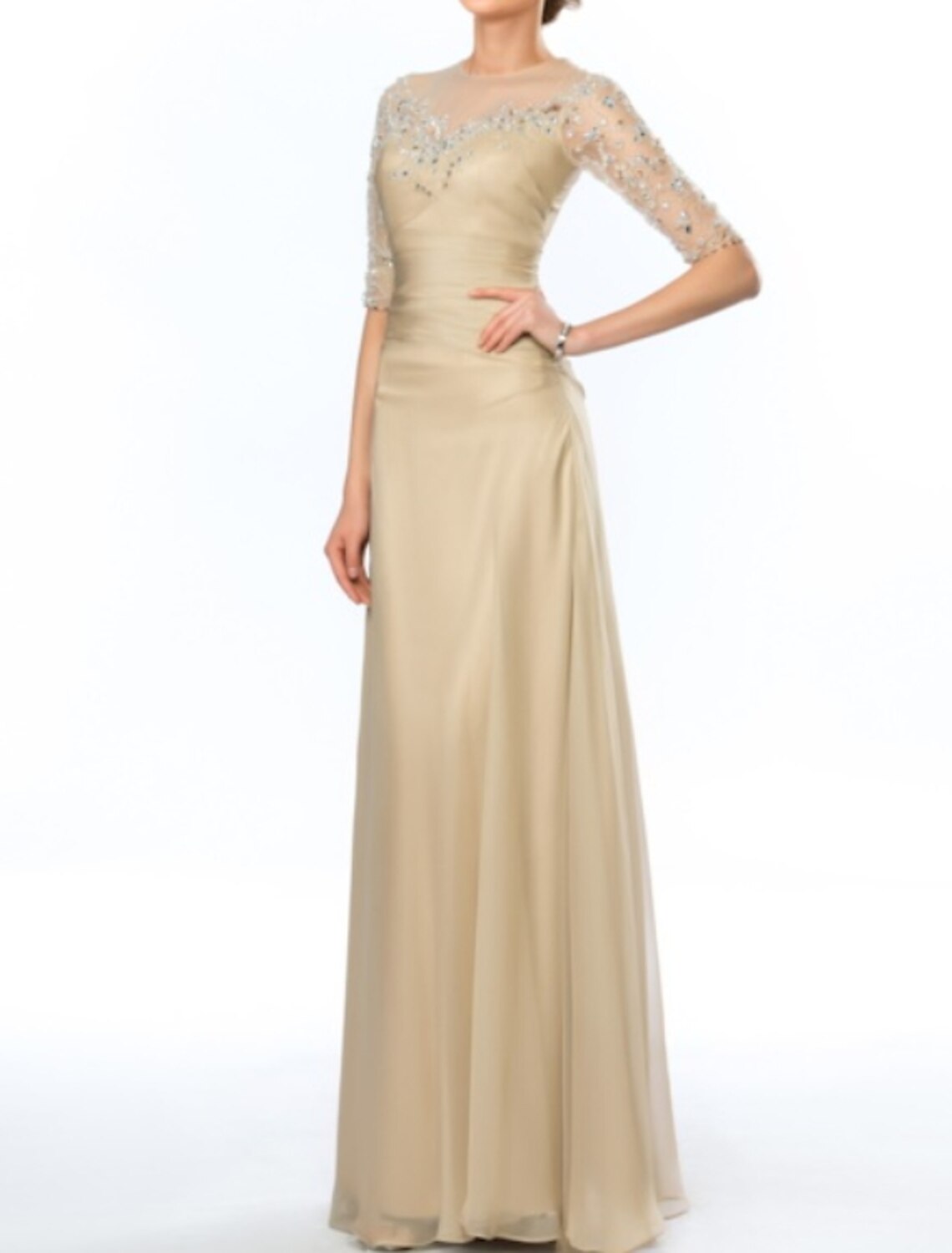 Sheath / Column Empire Elegant Wedding Guest Formal Evening Dress Illusion Neck Half Sleeve Floor Length Taffeta with Crystals