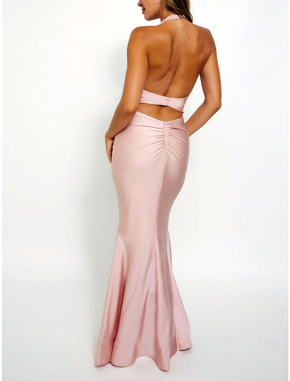 Mermaid / Trumpet Bridesmaid Dress Halter Neck Sleeveless Pink Floor Length Stretch Satin with Bow(s) / Ruching