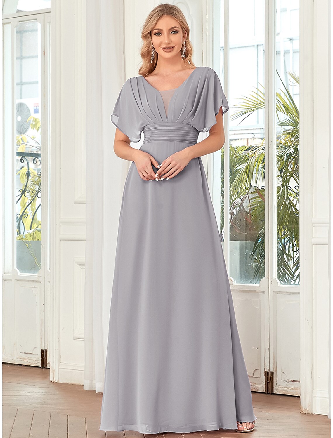 A-Line Elegant Formal Evening Dress V Neck Short Sleeve Floor Length Chiffon with Draping