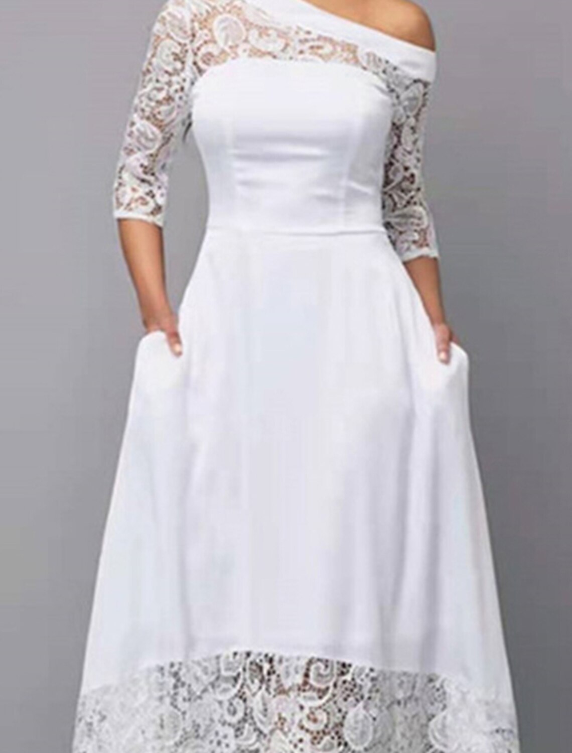 Women's Party Dress Wedding Guest Dress Lace Dress White Dress Long Dress Maxi Dress White 3/4 Length Sleeve Pure Color Lace Winter Fall Cold Shoulder Elegant Spring Dress