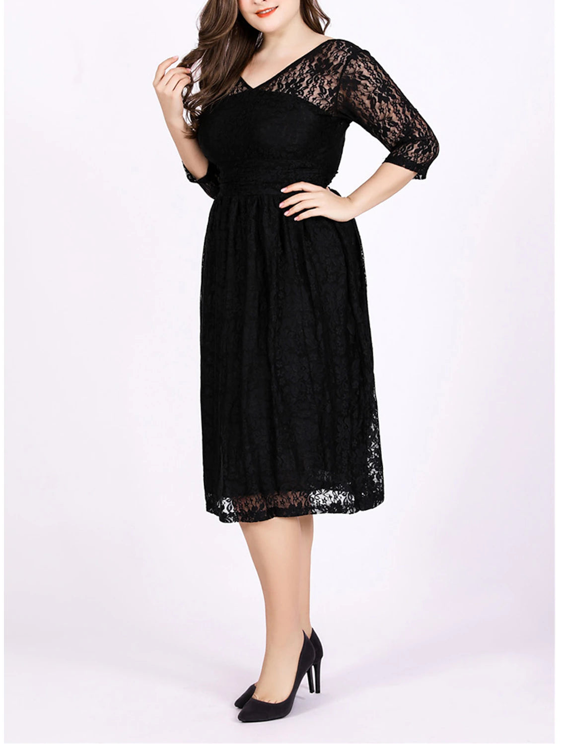 Women's Plus Size Curve Black Dress Party Dress Lace Dress Solid Color Midi Dress 3/4 Length Sleeve Lace V Neck Elegant Party Black Spring