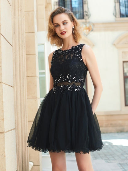 A-Line/Princess Jewel Sleeveless Lace Net Short/Mini Dresses