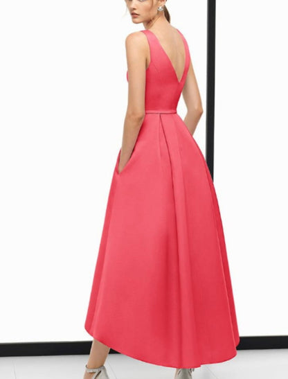 A-Line Evening Gown Vintage Dress Wedding Guest Ankle Length Sleeveless V Neck  Satin with