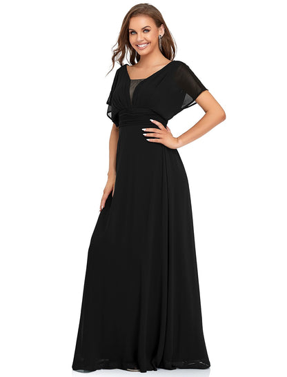 A-Line Elegant Formal Evening Dress V Neck Short Sleeve Floor Length Chiffon with Draping