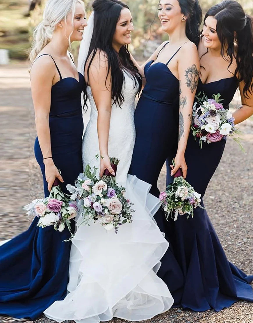 Navy Blue Mermaid Spaghetti Straps Long Bridesmaid Dress