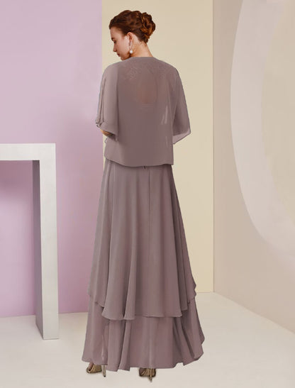 Two Piece A-Line Mother of the Bride Dress Formal Wedding Guest Elegant Square Neck Asymmetrical Tea Length Chiffon Lace 3/4 Length Sleeve Wrap Included with Ruched Tier Appliques