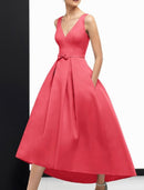 A-Line Evening Gown Vintage Dress Wedding Guest Ankle Length Sleeveless V Neck  Satin with