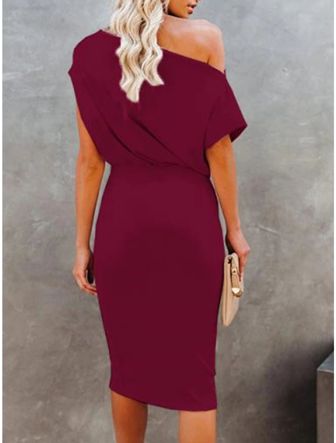 Women's Party Dress Black Dress Cocktail Dress Wedding Guest Dress Midi Dress Wine Blue Short Sleeve Pure Color Ruched Spring Fall Winter Off Shoulder