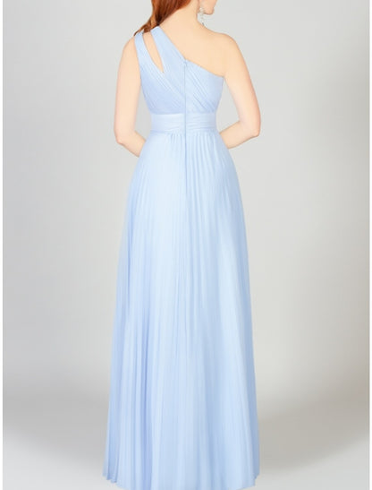 A-Line Bridesmaid Dress One Shoulder Sleeveless Blue Floor Length Chiffon with Ruching