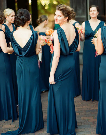 Peacock Sheath-Column V-Neck Long Bridesmaid Dress