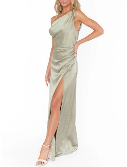 Sheath / Column Bridesmaid Dress Off Shoulder Sleeveless Elegant Floor Length Stretch Satin with Split Front / Ruching