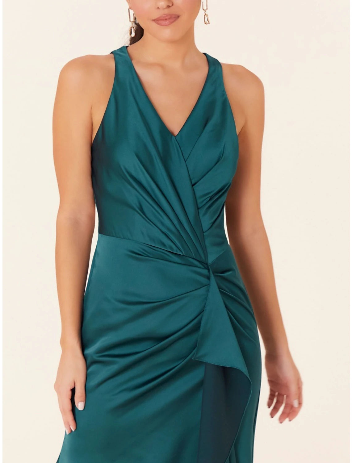 A-Line Bridesmaid Dress V Neck Sleeveless Elegant Sweep / Brush Train Stretch Satin with Split Front / Ruching