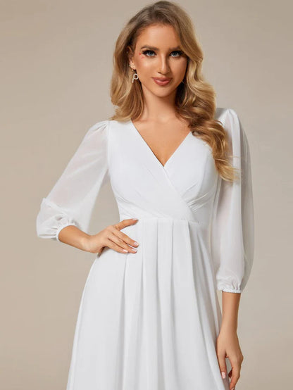 Long Sleeves Asymmetrical Hem A-Line Midi Wedding Guest Dress/Prom  Dresses