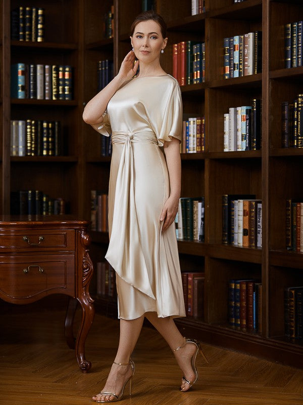 Sheath/Column Elastic Woven Satin Ruched Scoop Short Sleeves Tea-Length Mother of the Bride Dresses