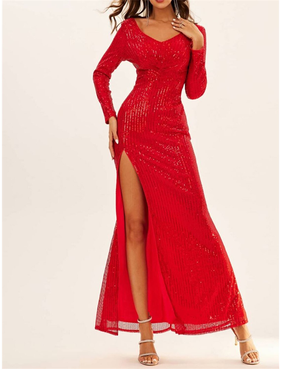 Women's Sequin Dress Prom Dress Party Dress Sparkly Dress Cocktail Dress Long Dress Maxi Dress Champagne Red Blue Long Sleeve Fall Winter V Neck Fashion Winter Dress