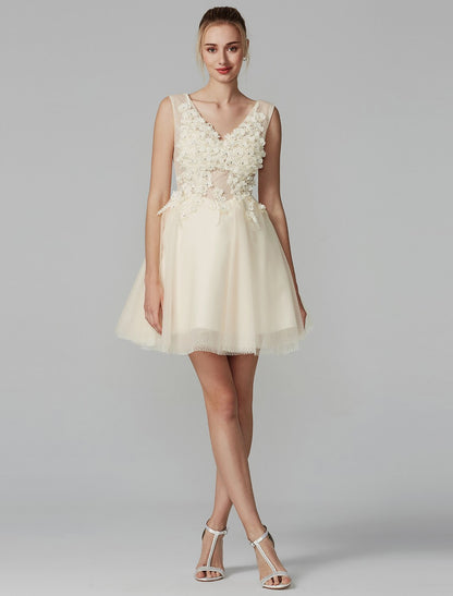 A-Line Party Dress Homecoming Graduation Short / Mini Sleeveless V Neck Lace Over Tulle with Crystals Appliques