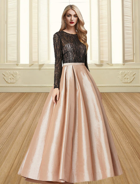 Ball Gown Evening Gown Color Block Dress Engagement Formal Evening Floor Length Long Sleeve Jewel Neck Satin with Pleats