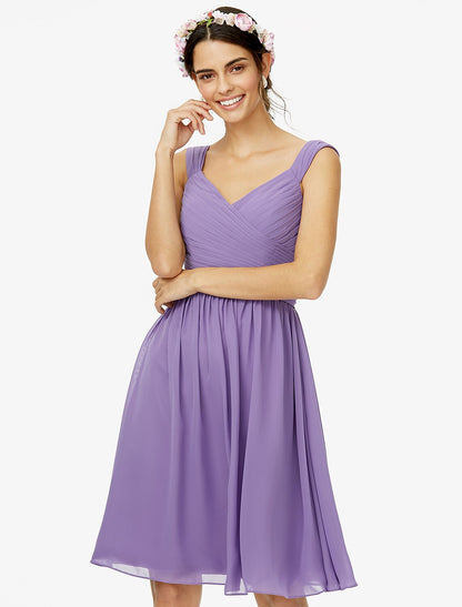 A-Line Bridesmaid Dress Straps Sleeveless Open Back Knee Length Chiffon with Sash / Ribbon / Bow(s) / Criss Cross