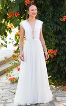 Buyishang Greek A-Line Plunging Neckline Chiffon Lace Wedding Dress With Open Back And Pleats