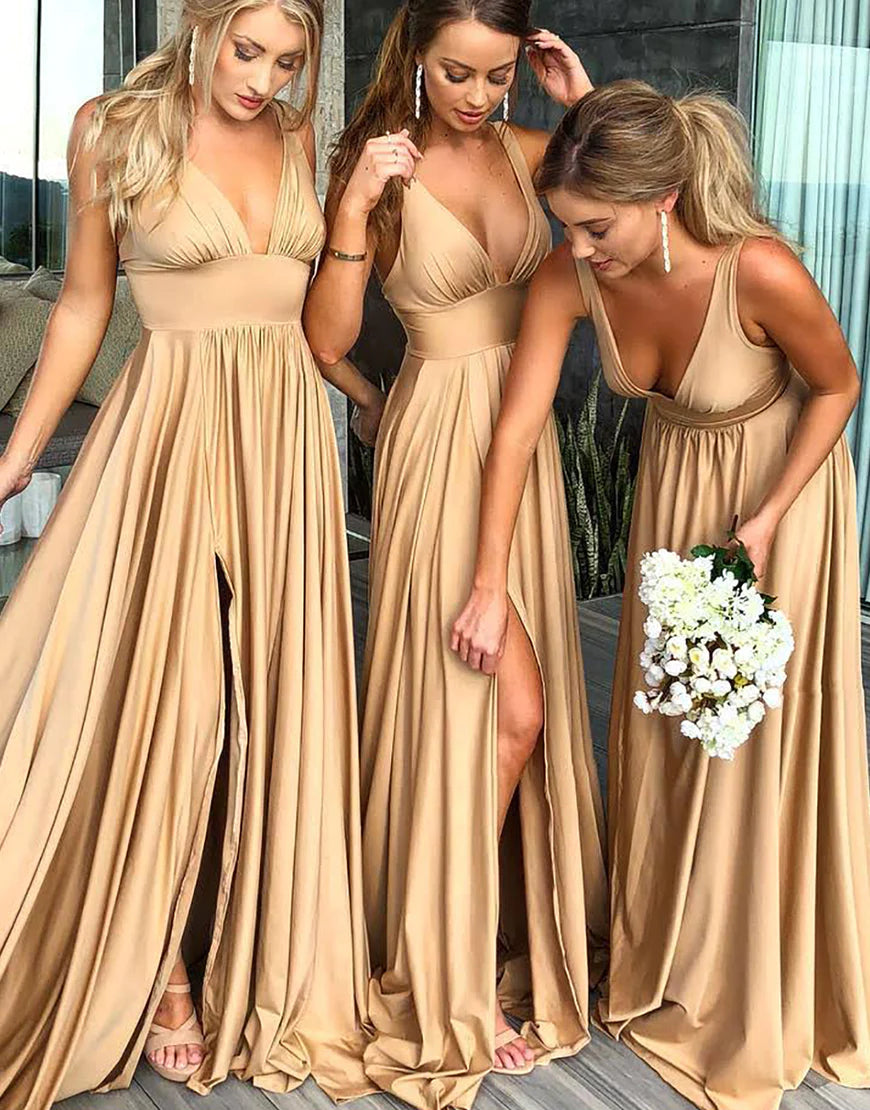 A-Line Elastic Satin Long Bridesmaid Dress With Split