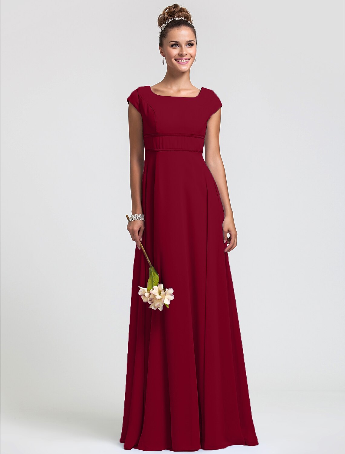 Sheath / Column Bridesmaid Dress Square Neck Short Sleeve Elegant Floor Length Chiffon with Sash / Ribbon / Pleats