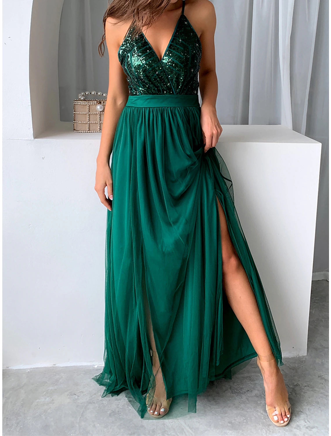 Women's Sequin Dress Party Dress Cocktail Dress Long Dress Maxi Dress Champagne Wine Green Sleeveless Plain Sequins Spring Fall Winter Spaghetti Strap Party Winter Dress Wedding Guest Birthday