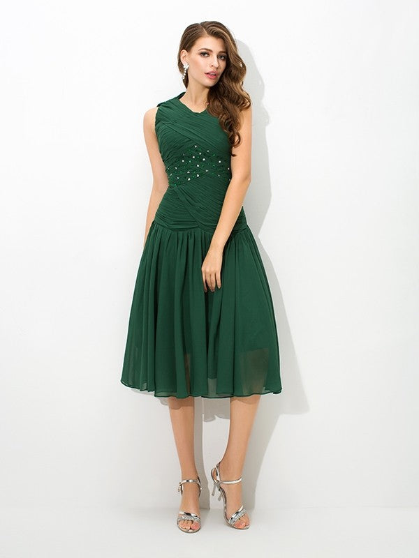 A-Line/Princess Scoop Pleats Sleeveless Short Chiffon Dresses