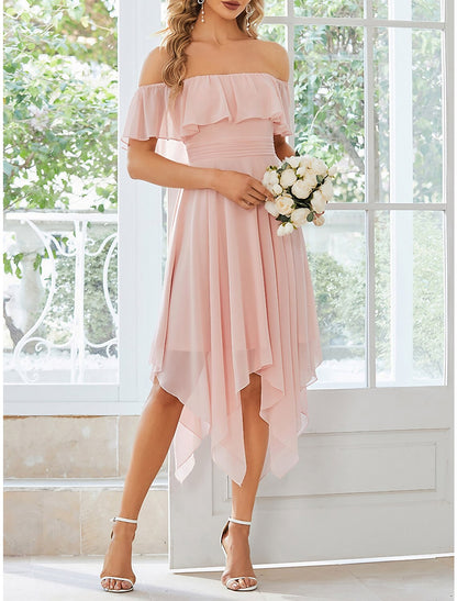 Women's Party Dress Homecoming Dress Wedding Guest Dress Midi Dress Pink Short Sleeve Pure Color Ruched Summer Spring Fall Off Shoulder Party Wedding Guest Birthday Vacatio