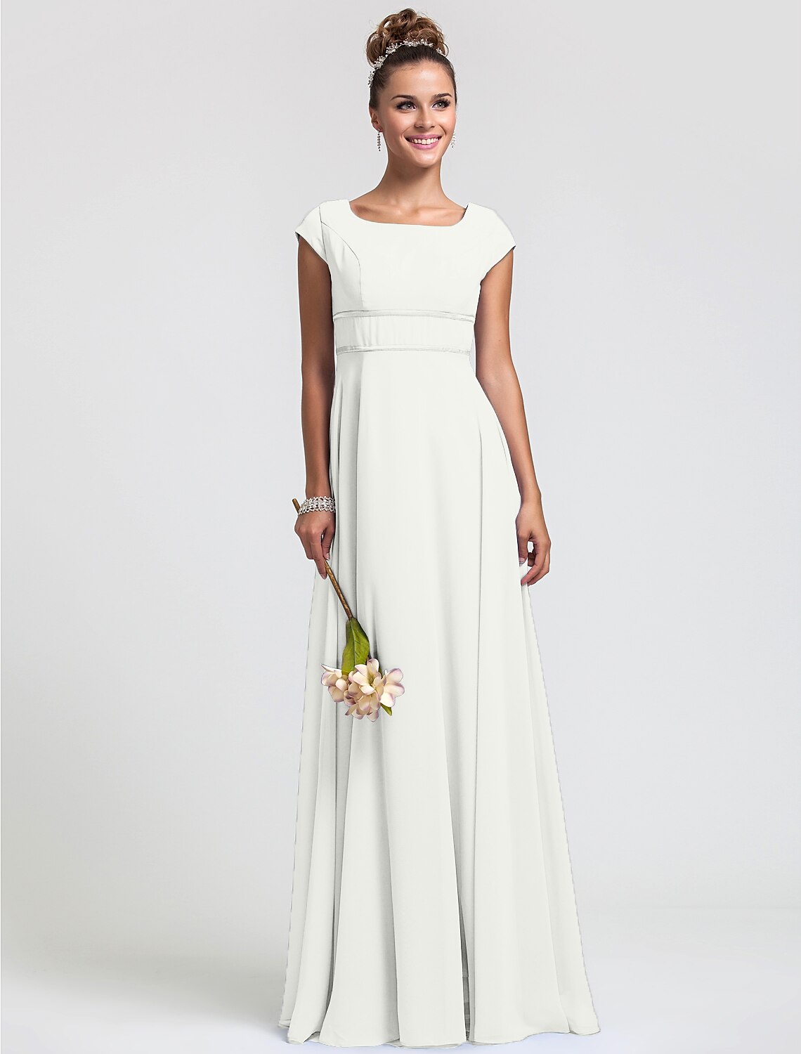 Sheath / Column Bridesmaid Dress Square Neck Short Sleeve Elegant Floor Length Chiffon with Sash / Ribbon / Pleats