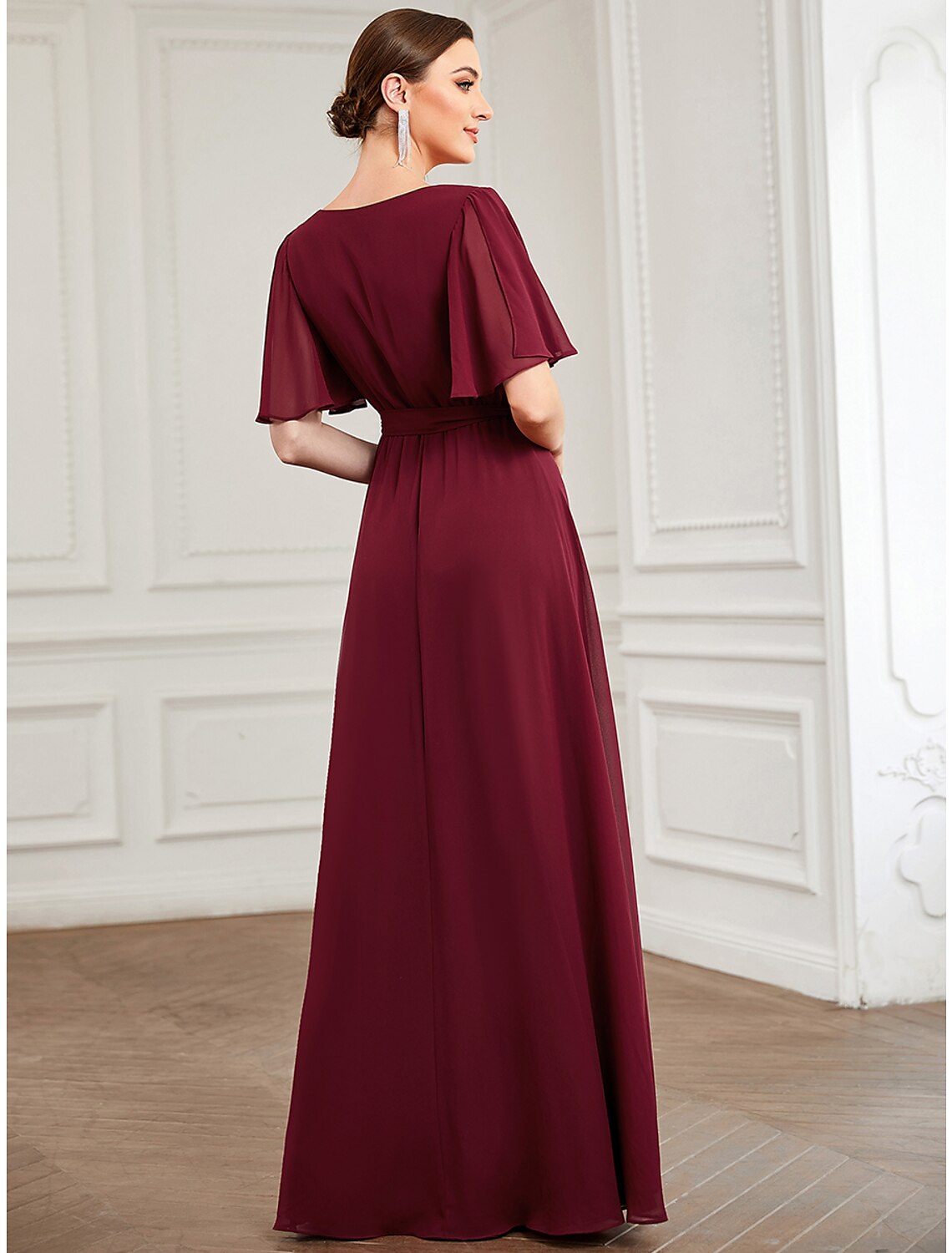 A-Line Bridesmaid Dress V Neck Short Sleeve Elegant Floor Length Chiffon with Ruffles / Draping / Bandage