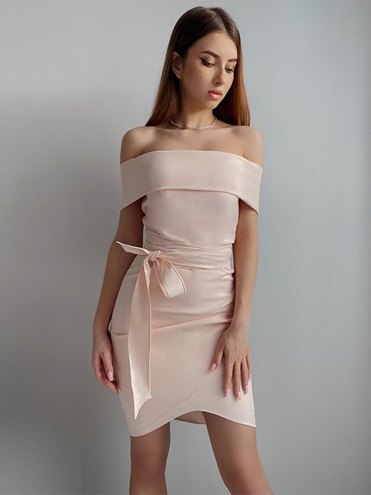 Column Stretch Crepe Sash/Ribbon/Belt Off-the-Shoulder Sleeveless Short/Mini Dresses/Homecoming dresses