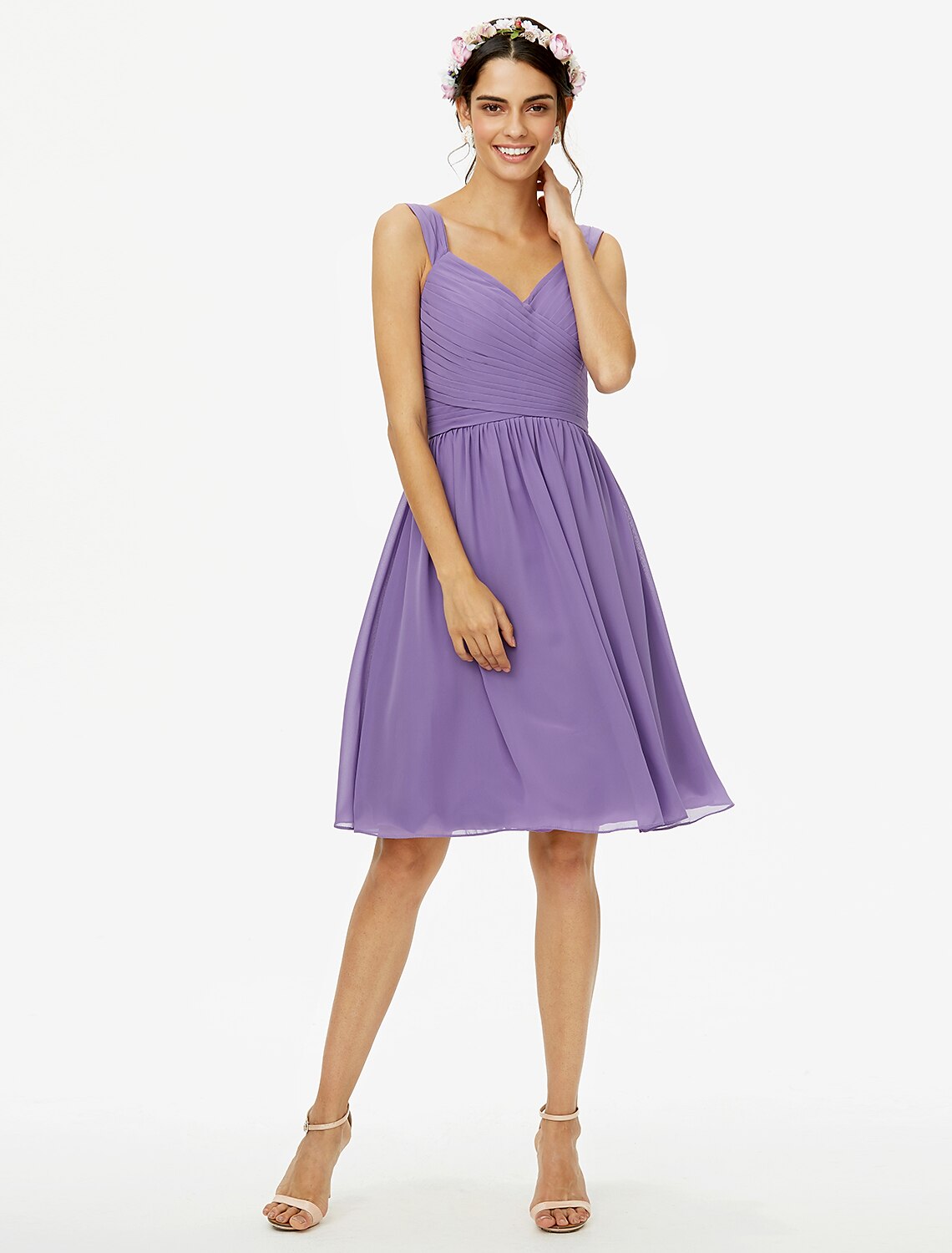 A-Line Bridesmaid Dress Straps Sleeveless Open Back Knee Length Chiffon with Sash / Ribbon / Bow(s) / Criss Cross