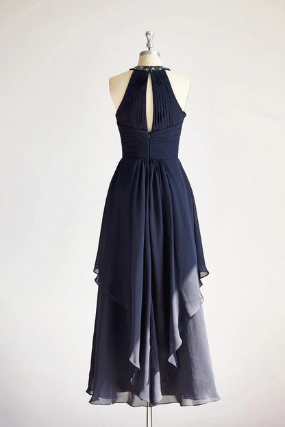 Halter Navy Blue Beaded Chiffon Long Wedding Bridesmaid Dress