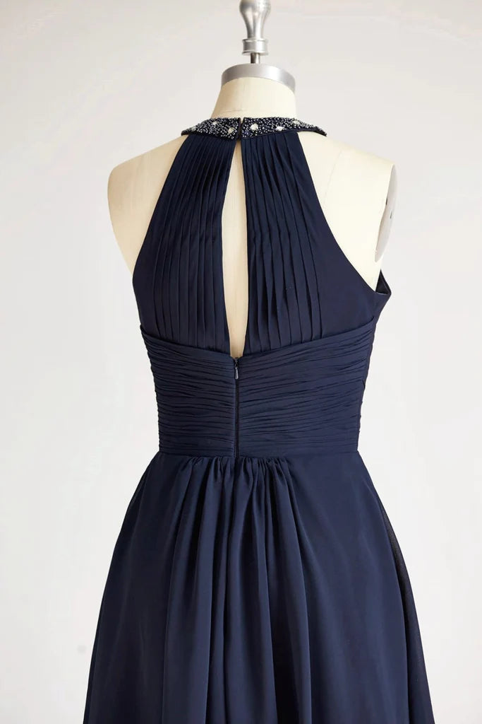 Halter Navy Blue Beaded Chiffon Long Wedding Bridesmaid Dress