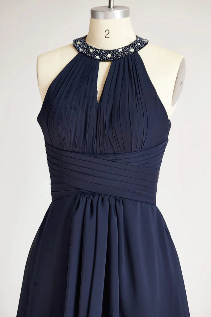 Halter Navy Blue Beaded Chiffon Long Wedding Bridesmaid Dress